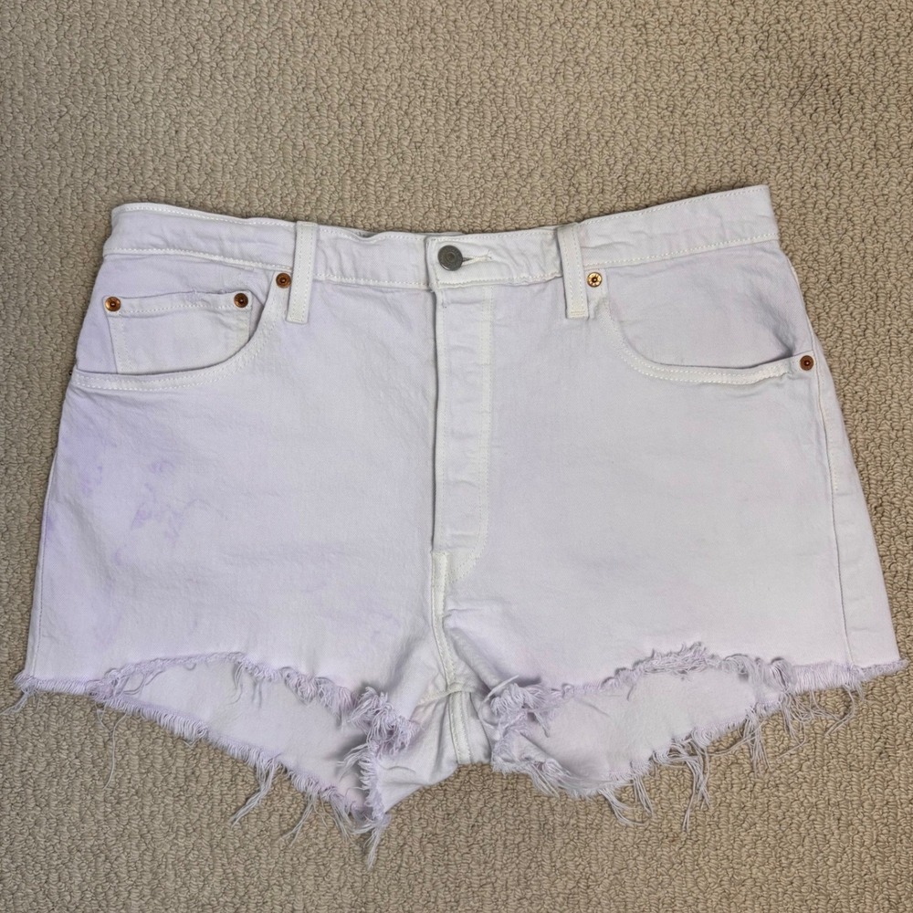 Levis 501 Original High Rise Cut Off Shorts White Purple Tie Dye W34 / Sz 16 - Picture 2 of 16